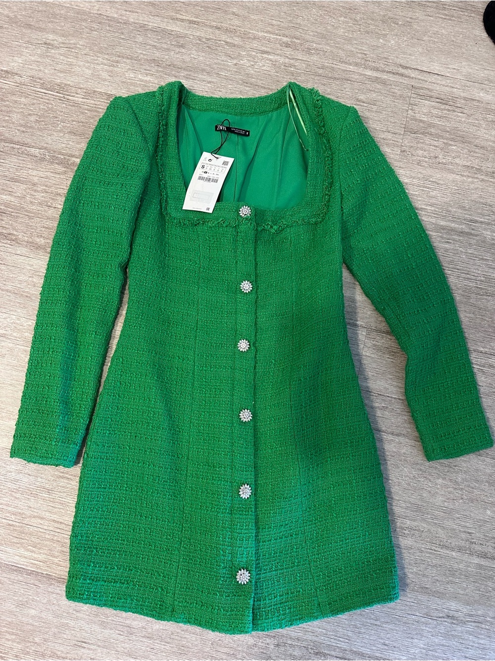 Zara Green Tweed Mini Dress Jeweled Buttons Long Sleeve Size S NWT